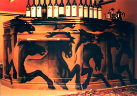 horses wildlife mural on a bar for "diavlo's restaurant" Oil on wood original painting by muralist Kim Hunter aka INDIGO Vancouver BC