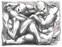 Male nudes pencil sketch conceptual pencil drawing of two guys entwined  by contemporary Canadian Artist INDIGO aka Kim Hunter