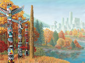 Vancouver Landscape Painting Totem Poles in Autumn w. Cityscape Painting on Paper