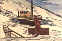 Landscape painting painting Husky dog and Boat in winter down by the bay Churchill MB Original Painting Click on Image for Detail