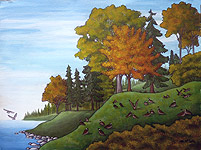 BC Stanley Park landscape painting Vancouver English Bay Red Tree in Early Autumn Painting For Sale wildlife painting Canadian Artist Kim Hunter / Indigo Commissioned paintings welcome! 