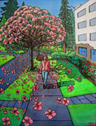 Landscape painting Cityscape PaintingCherry Tree Blossoms painting Pink Blossoms blowing in the wind woman in the cherry blossom painting in acrylic, landscape painting of a blossoming cherry tree on a city street cityscape painting by Vancouver BC Canadian artist Kim Hunter aka INDIGO