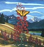 Landscape painting butterfly painting, Alberta landscape painting Original Butterfly and Fireweeds in the Alberta Foothills with Wildflowers Painting   by artist INDIGO / Kim Hunter   Click on Image for Detail