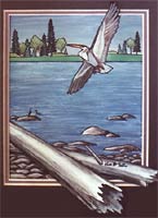 Landscape painting Great Gray Heron painting Water Fowl, Shore Birds, Arctic Tundra Spring Mating Season  Original  Painting Churchill MB   by artist INDIGO Click on Image for Detail