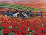 Landscape painting Wild Horses Poppy Fields w. Motor Cycle  Custom Oil Painting. Original commissioned / custom painting by Canadian Artist / Designer Kim Hunter. 