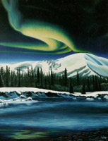 oil landscape painting, northern lights, landscape Yukon Northern Lights Aurora Borealis in the late twilight Oil Painting by artist INDIGO / Kim Hunter  arctic landscape painting Canadian Artist  Commissioned paintings welcome!