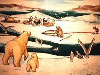 wildlife painting Polar Bear with Cub overlooking Inuit Hunter and Child with Harbor Seal in Early Spring Original Painting Churchill MB Click on Image for Detail