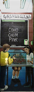 Hyde Creek Educational Centre and Salmon Hatchery murals depicting the Classroom Salmon Enhancement Program, the Annual Salmon Release. The stair landscape mural depicts the route the Chum Salmon will take to get to the ocean. 