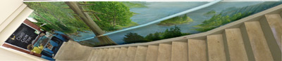 Hyde Creek Educational Centre and Salmon Hatchery murals depicting the Classroom Salmon Enhancement Program, the Annual Salmon Release. The stair landscape mural depicts the route the Chum Salmon will take to get to the ocean. 