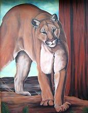 mural wildlife paainting Mountain Lion Cougar Puma Mural in Oil on exterior stucco original mural on cafe wall of Blenze on Denman by Vancouver Muralist Artist Kim Hunter aka INDIGO
