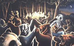 dancing bears painting by  Vancovuer BC Artist Indigo / Kim Hunter Original Dancing Bears painting at Diavlo's Restaurant Vancouver BC, Panda, Polar Bear,  Kermode, Grizzly bear, Political Oximoron Symbolism Large Oil Painting by Canadian artist indigo / Kim Hunter wildlife painting Canadian Artist Kim Hunter / Indigo Commissioned paintings welcome!