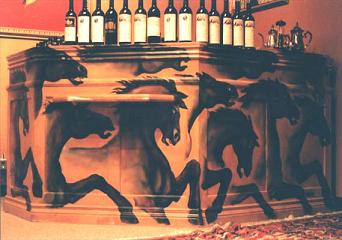 horses wildlife mural on a bar for "diavlo's restaurant" Oil on wood original painting by muralist Kim Hunter aka INDIGO Vancouver BC