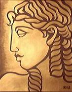 Original  Sylized greek goddess painting in block print style acrylic painting on bristleboard painting by contemporary Canadian Artist Kim Hunter aka INDIGO