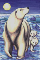 Wildlife Paintings bear painting  Polar Bear with Two Cubs on Ice Flows at Sunrise Painting. Click on Image for Detail