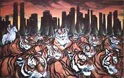 Wildlife Painting tiger painting Tigers running through New York w Twin Towers Landscape painting Political Oximoron Symbolism Large Oil Painting Click on Image for Detail 